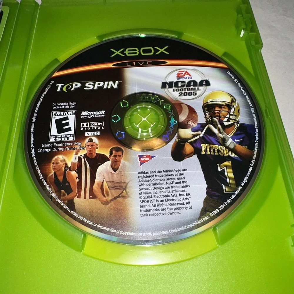 NCAA Football 2005 + Top Spin (Xbox, 2004) Complete CIB W/ Both Manuals Exc Cond